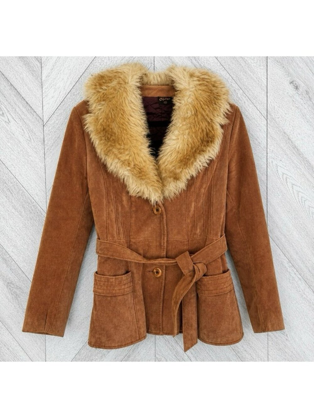 VTG 70s Boho Suede Leather Jacket Faux Fur Collar Belted Penny Lane Size Small